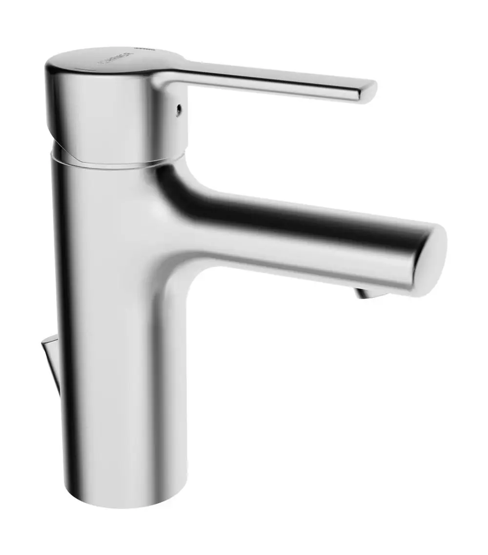 Einhebelmischer aus Chrom mit einem schlanken Design und einer integrierten Zugstangenablaufgarnitur, hergestellt von HANSA.